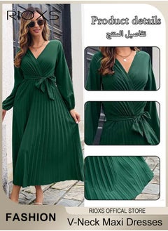 RIOXS Women's V Neck Dresses, Elegant Belted Long Sleeve Dress, Solid Color Maxi Dress For Women, High Waist Pleated A-Line Long Dress, Ladies Maxi Guest Dress For Wedding Party  - Image 5
