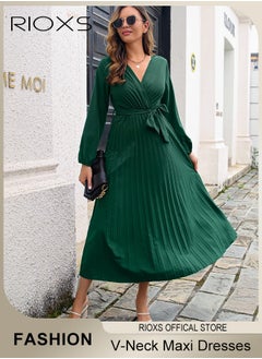 RIOXS Women's V Neck Dresses, Elegant Belted Long Sleeve Dress, Solid Color Maxi Dress For Women, High Waist Pleated A-Line Long Dress, Ladies Maxi Guest Dress For Wedding Party  - Image 1