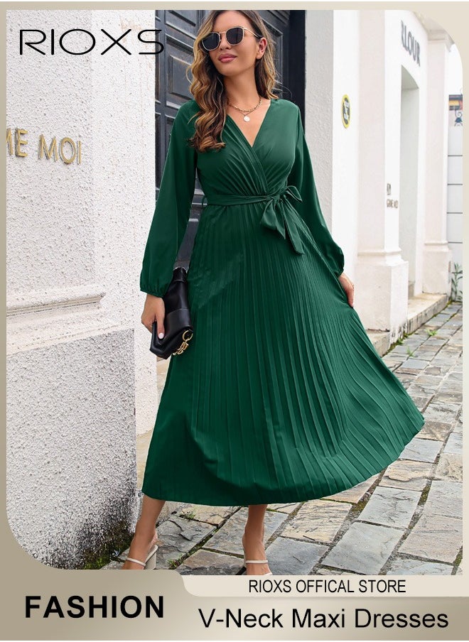 RIOXS Women's V Neck Dresses, Elegant Belted Long Sleeve Dress, Solid Color Maxi Dress For Women, High Waist Pleated A-Line Long Dress, Ladies Maxi Guest Dress For Wedding Party  - Image 1