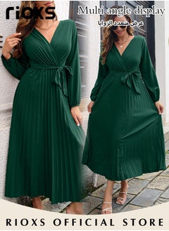 RIOXS Women's V Neck Dresses, Elegant Belted Long Sleeve Dress, Solid Color Maxi Dress For Women, High Waist Pleated A-Line Long Dress, Ladies Maxi Guest Dress For Wedding Party  - Image 3