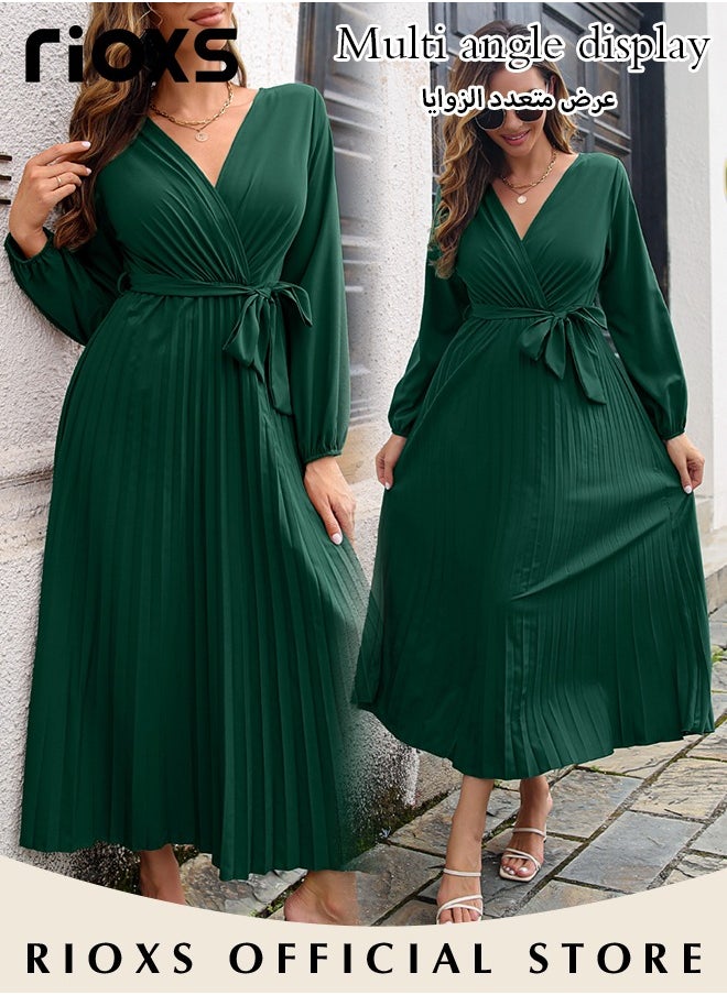 RIOXS Women's V Neck Dresses, Elegant Belted Long Sleeve Dress, Solid Color Maxi Dress For Women, High Waist Pleated A-Line Long Dress, Ladies Maxi Guest Dress For Wedding Party  - Image 3