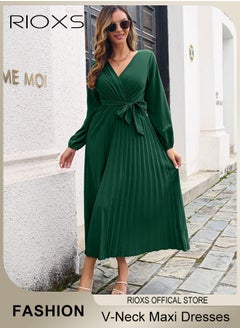 RIOXS Women's V Neck Dresses, Elegant Belted Long Sleeve Dress, Solid Color Maxi Dress For Women, High Waist Pleated A-Line Long Dress, Ladies Maxi Guest Dress For Wedding Party  - Image 2