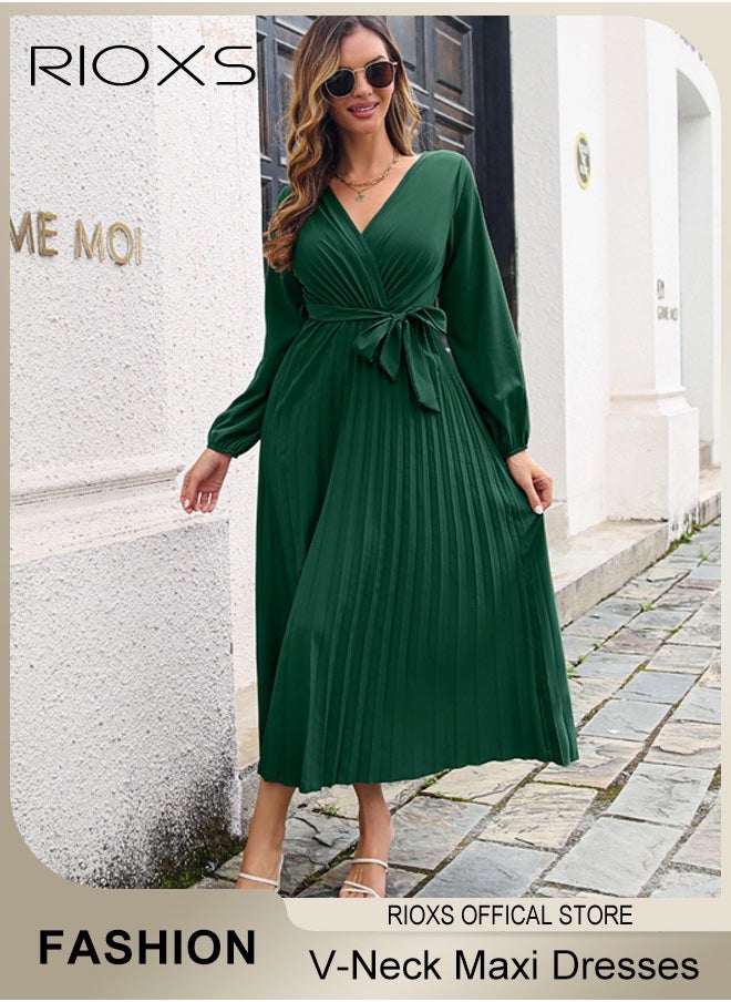 RIOXS Women's V Neck Dresses, Elegant Belted Long Sleeve Dress, Solid Color Maxi Dress For Women, High Waist Pleated A-Line Long Dress, Ladies Maxi Guest Dress For Wedding Party  - Image 2