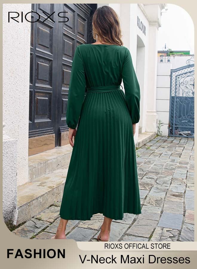 RIOXS Women's V Neck Long Sleeve Pleated Maxi Dresses, Elegant High Waist A-Line Long Dress with Belt, Flowy Long Sleeve Pleated Formal Dresses for Ladies, Solid Color Maxi Guest Dress for Wedding Party Dating Vacation and More, Green - Image 3