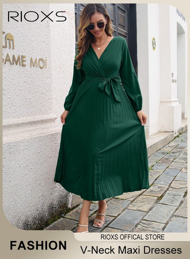 RIOXS Women's V Neck Long Sleeve Pleated Maxi Dresses, Elegant High Waist A-Line Long Dress with Belt, Flowy Long Sleeve Pleated Formal Dresses for Ladies, Solid Color Maxi Guest Dress for Wedding Party Dating Vacation and More, Green - Image 5