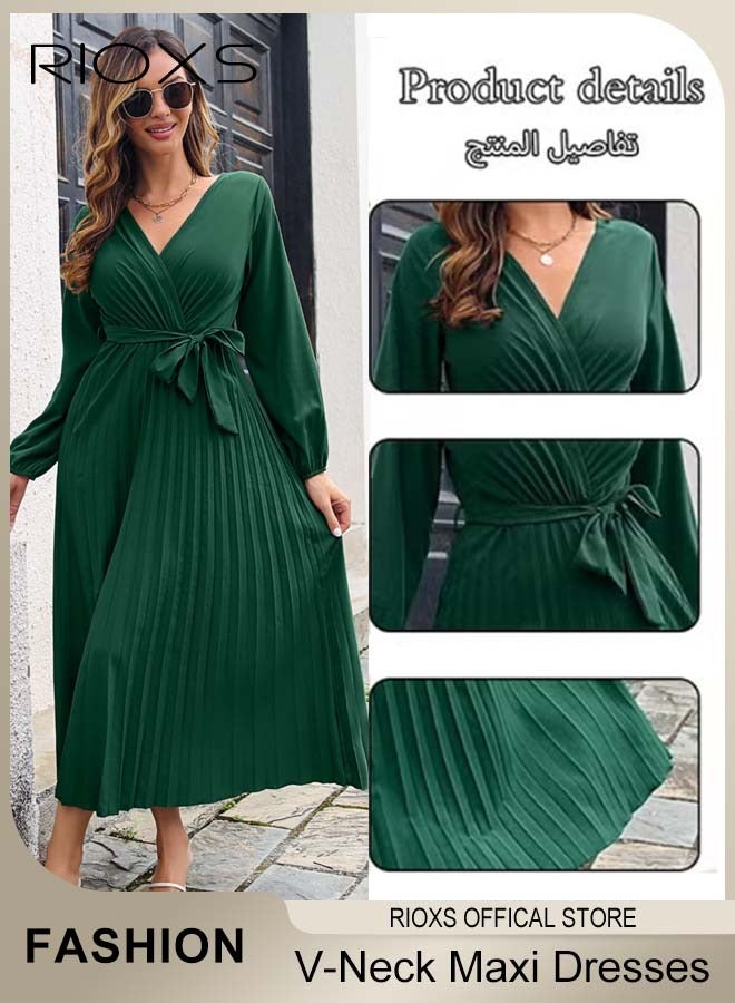 RIOXS Women's V Neck Long Sleeve Pleated Maxi Dresses, Elegant High Waist A-Line Long Dress with Belt, Flowy Long Sleeve Pleated Formal Dresses for Ladies, Solid Color Maxi Guest Dress for Wedding Party Dating Vacation and More, Green - Image 4
