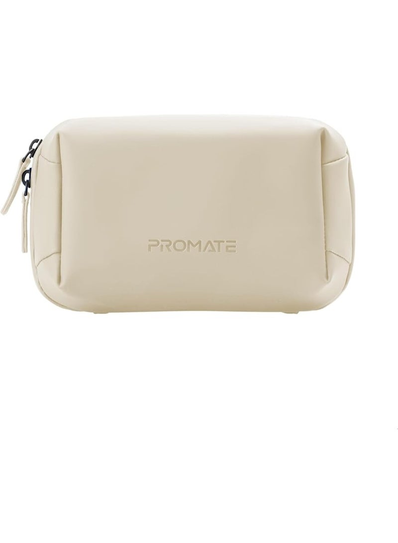 PROMATE Promate Mini Tech Organizer Pouch with Multiple Compartments, Durable Waterproof PU Material, Lightweight Compact Design, Modern Stylish Aesthetic for Efficient Storage of Accessories and Essentials – Velvena Beige - Image 1