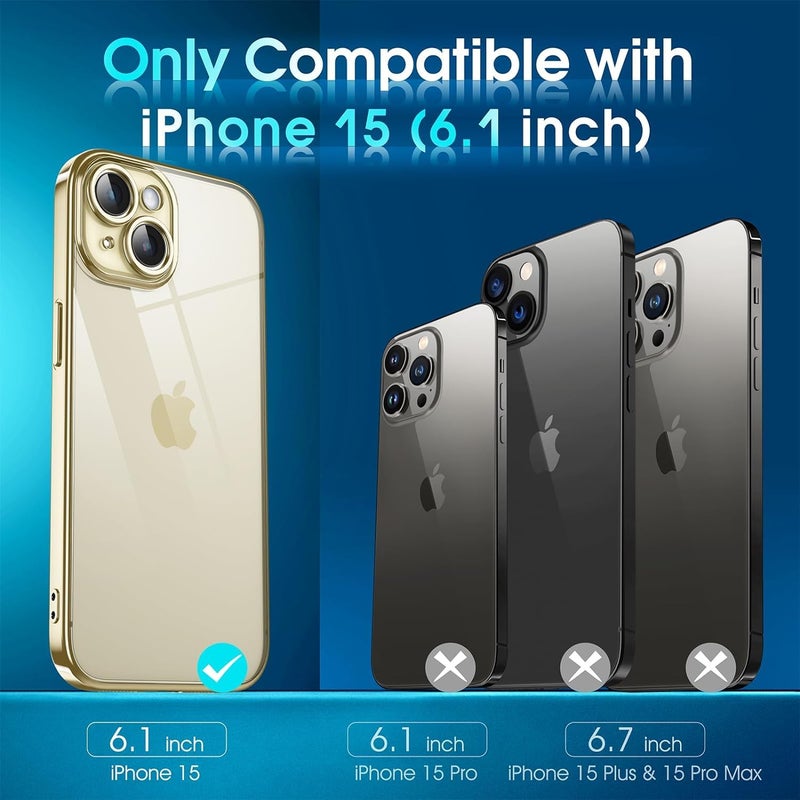 VONZEE Electroplated Clear Transparent Cover for iPhone 15 Case 6.1 inch Luxury TPU Cover Full Body & Camera Protection for Each Lens Bumper Cases for Men & Women (Gold) - Image 2