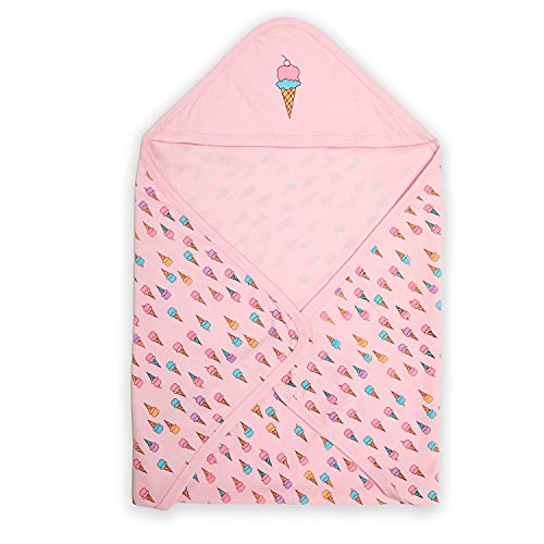 Luv Lap LuvLap Cotton Hooded Wrapper-Baby Towel for New Born | Big Size 75cm x 75cm | Soft, Safe &Skin-Friendly | Perfect for Newborns 0-12 Months | Lightweight & Travel Friendly, Ice Cream Print-Pink - Image 1