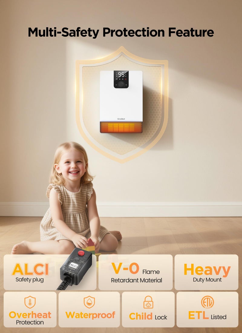 GiveBest Wall Heater for Bathroom, 1500W Fast Heating Electric Space Heater with ALCI Plug, Adjustable Thermostat, 3 Heating Modes, 24H Timer, Easy Mounted Heater for Indoor Use, Home, Office, White - Image 5