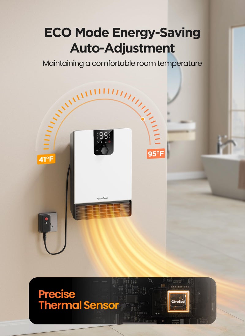 GiveBest Wall Heater for Bathroom, 1500W Fast Heating Electric Space Heater with ALCI Plug, Adjustable Thermostat, 3 Heating Modes, 24H Timer, Easy Mounted Heater for Indoor Use, Home, Office, White - Image 4
