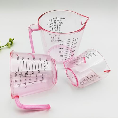 BOEYAA Plastic Measuring Cup Set, Kitchen Cooking and Baking Seasoning Liquid Measuring Cup, Multiple Scale Identification, with Handle and Triangle Mouth, 150ml, 300ml, 600ml, 3-piece Set (Pink) - Image 5