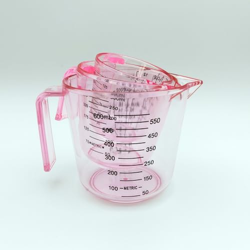 BOEYAA Plastic Measuring Cup Set, Kitchen Cooking and Baking Seasoning Liquid Measuring Cup, Multiple Scale Identification, with Handle and Triangle Mouth, 150ml, 300ml, 600ml, 3-piece Set (Pink) - Image 3