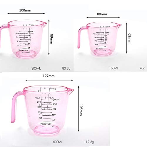 BOEYAA Plastic Measuring Cup Set, Kitchen Cooking and Baking Seasoning Liquid Measuring Cup, Multiple Scale Identification, with Handle and Triangle Mouth, 150ml, 300ml, 600ml, 3-piece Set (Pink) - Image 2