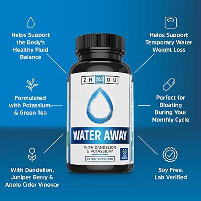 ZHOU Water Away - Natural Water Pills for Women & Men with Dandelion, Potassium, Cranberry and Green Tea, Cellular Energy and Metabolic Health - 60 Veggie Capsules (Pack of 1) - Image 3