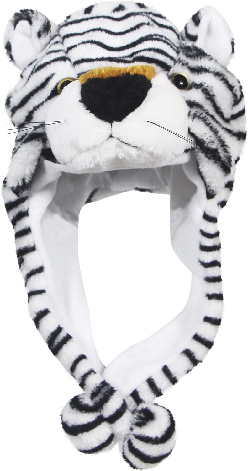 Cute Plush Animal Character Winter Hat Fun Ski Cap with Detailed Animal Face Long Ear Straps with Pom Pom Ends