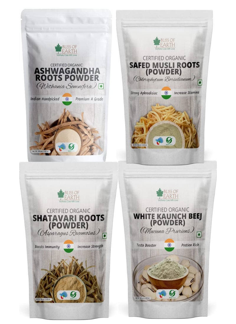BLISS OF EARTH Ashwagandha Kaunch Beej Shatawari and Safed Musli Powder Certified Organic Combo of 4 Good for Health & Wellness 100g Each  - Image 1