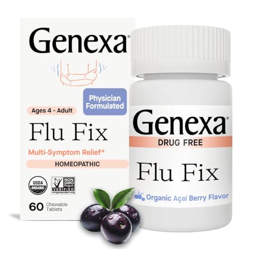 Genexa Genexa Flu Fix MultiSymptom Flu Remedy for Kids Adults Relieves Aches Fever Congestion Acai Berry Flavor Organic NonGMO Homeopathic Remedy Made Clean 60 Chewable Tablets Ages 4 