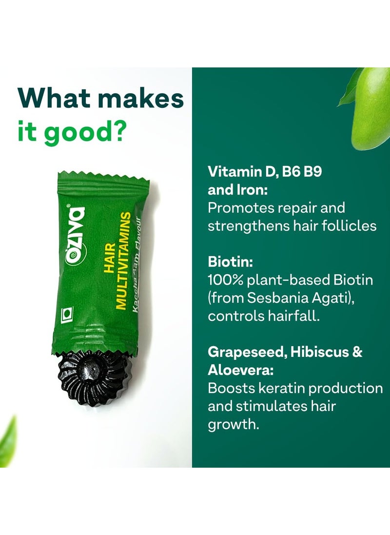 OZiva Biotin Hair Multivitamins Gummies For Stronger,Fuller,Shinier Hair|Hair Gummies With Keratin Builder,Iron&Vitamins B9,B6&D|Raw Mango Flavour|No Added Sugar (Pack Of 2,30 Gummies)  - Image 3