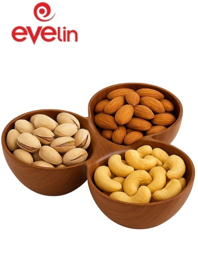 Evelin Triple Plastic Wooden Serving Bowl Divided Platter for Nuts and Snacks Wooden Serving Bowl for Nuts, Snacks and Dips 16*10cm (Shatterproof) - Image 1