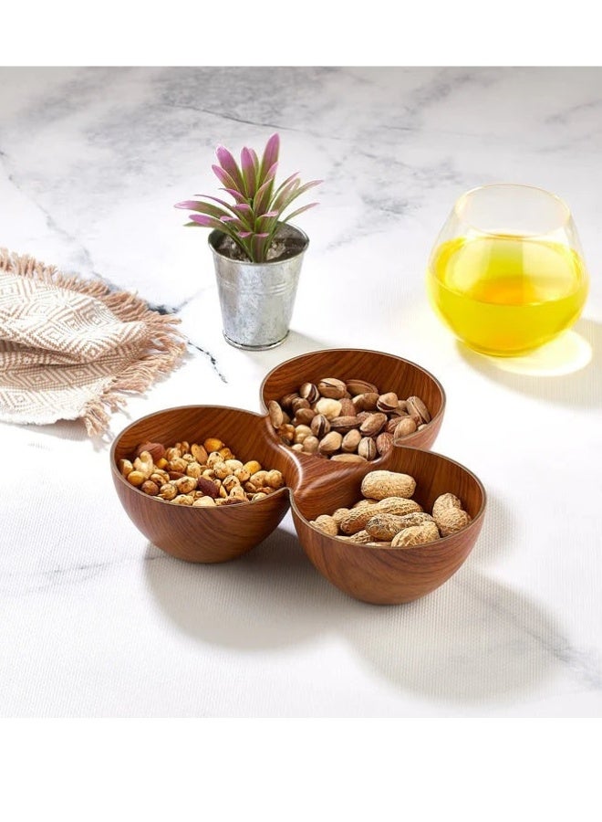 Evelin Triple Plastic Wooden Serving Bowl Divided Platter for Nuts and Snacks Wooden Serving Bowl for Nuts, Snacks and Dips 16*10cm (Shatterproof) - Image 2