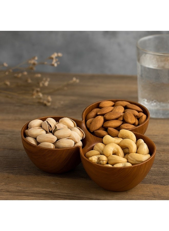 Evelin Triple Plastic Wooden Serving Bowl Divided Platter for Nuts and Snacks Wooden Serving Bowl for Nuts, Snacks and Dips 16*10cm (Shatterproof) - Image 4