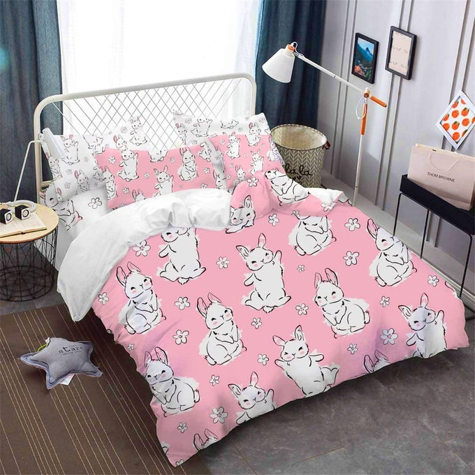 7 PIECE PINK BUNNY BED SET TWIN SIZE KIDS BEDDING SETS FOR GIRLS TWIN COMFORTER SET FOR GIRLS CUTE RABBIT BED IN A BAG GIRL BEDDING SET WITH SHEETS