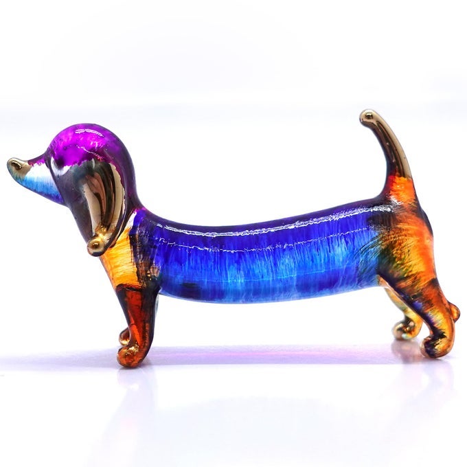 DACHSHUND MINIATURE FIGURINES DOG ANIMALS HAND BLOWN GLASS ART GOLD TRIM COLLECTIBLE GIFT DECORATE BLUE ORANGE