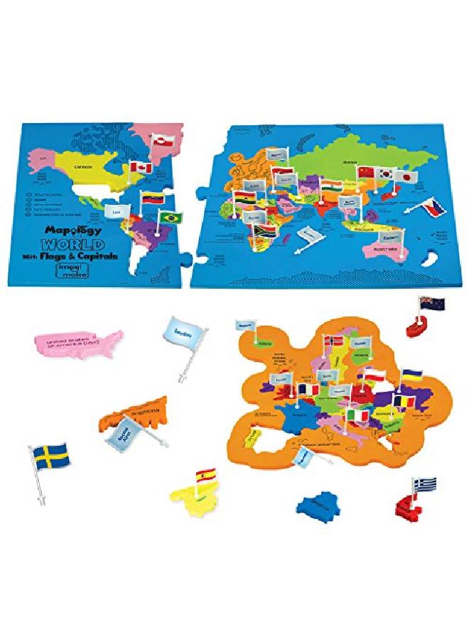 Imagimake :Mapology World مع الأعلام والعواصم مع قطع على شكل بلد، أحجية الصور المقطوعة ولعبة تعليمية للأولاد والبنات فوق سن 5 سنوات، هدية عيد ميلاد ممتازة - Image 1