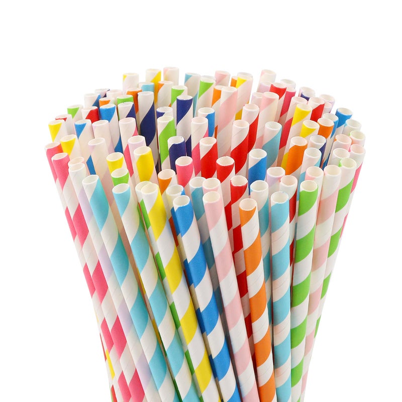 KTOJOY 100 Pcs Biodegradable Paper Straws, Assorted Rainbow Colors Striped, 10 Colors for Drinks, Parties, Crafts - Image 1