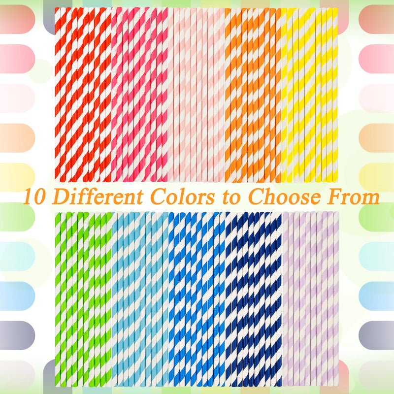 KTOJOY 100 Pcs Biodegradable Paper Straws, Assorted Rainbow Colors Striped, 10 Colors for Drinks, Parties, Crafts - Image 3