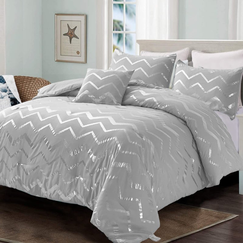 Menghomeus Grey and Silver Comforter Set King Metallic Print Geometric Bed Comforter 4 Piece Soft Microfiber Bedding for Teen Girls Boys Women 2 Pillow Shams 1 Decorative Pillow Sham