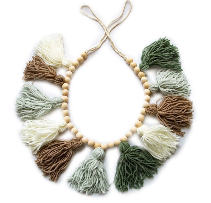 TASSEL GARLAND BOHO TASSEL GARLAND WITH WOOD BEADS WALL DECOR FOR DORM GIRLS ROOM AND NURSERY ROOM OLIVE GREEN 36 INCH