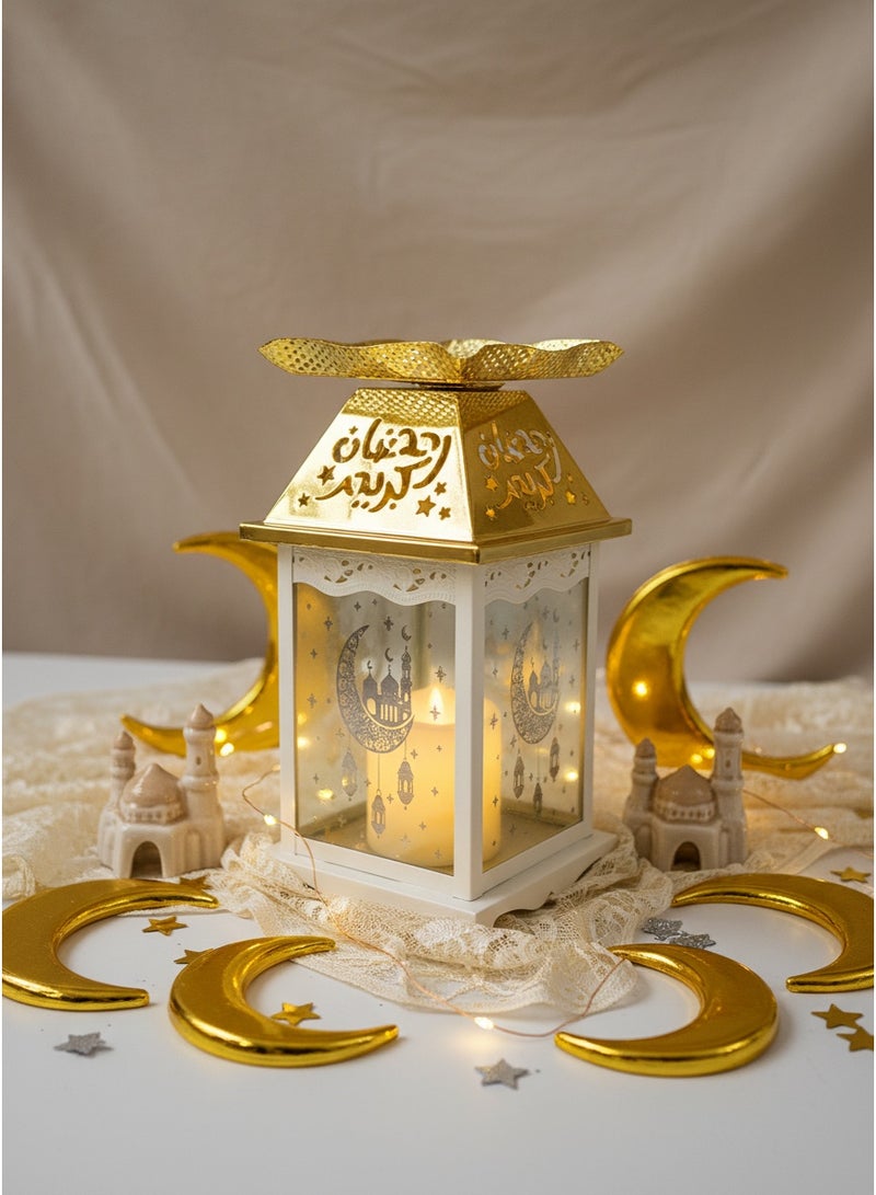 Living Ramadan Lantern Glass with Gold Steel Touch Islamic Decoration and Serving Plate, White/Gold - Image 1