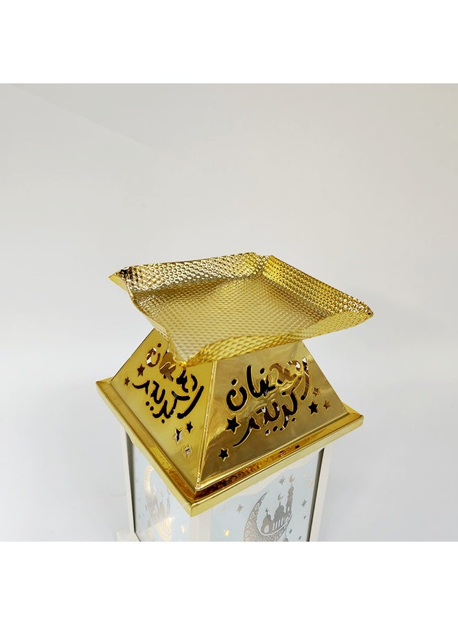 Living Ramadan Lantern Glass with Gold Steel Touch Islamic Decoration and Serving Plate, White/Gold - Image 4