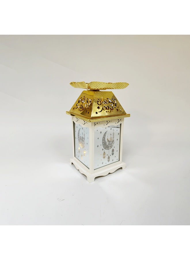 Living Ramadan Lantern Glass with Gold Steel Touch Islamic Decoration and Serving Plate, White/Gold - Image 3