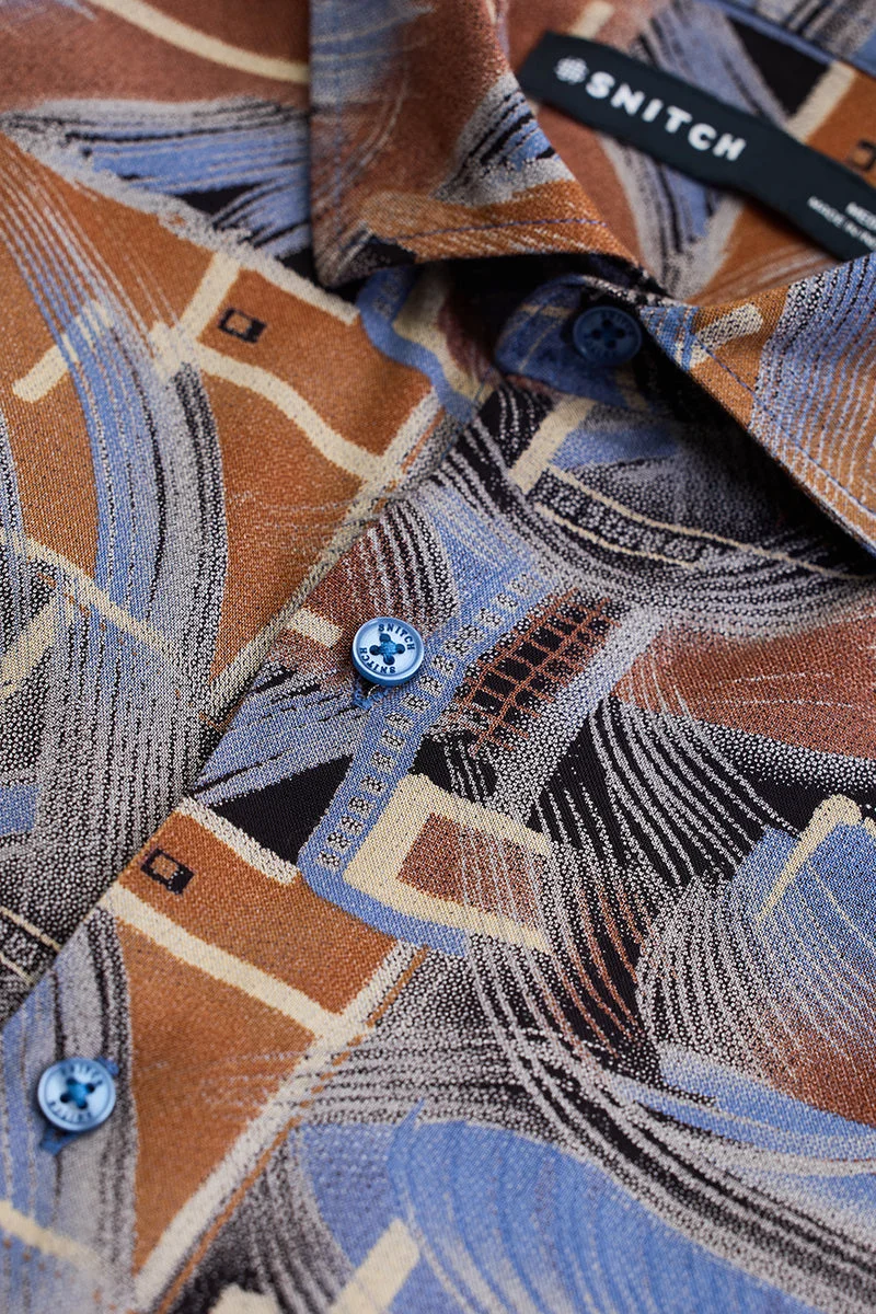 SNITCH Brown Abstract Long Sleeve Slim Fit Casual Shirt