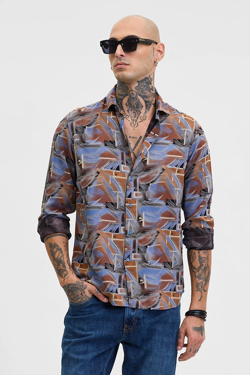 SNITCH Brown Abstract Long Sleeve Slim Fit Casual Shirt