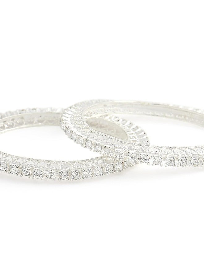 NMII Designer Metal Zircon Diamond Stone Bangles Kada Set For Girls & Women | White Bangles | White Kada | Stone Kangan | Rajasthani Chudi | Pacheli Style | Bridal -(MAH98-Silver-2.2) - Image 2