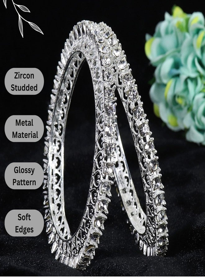 NMII Designer Metal Zircon Diamond Stone Bangles Kada Set For Girls & Women | White Bangles | White Kada | Stone Kangan | Rajasthani Chudi | Pacheli Style | Bridal -(MAH98-Silver-2.2) - Image 5