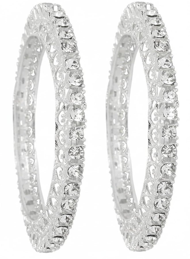 NMII Designer Metal Zircon Diamond Stone Bangles Kada Set For Girls & Women | White Bangles | White Kada | Stone Kangan | Rajasthani Chudi | Pacheli Style | Bridal -(MAH98-Silver-2.2) - Image 1