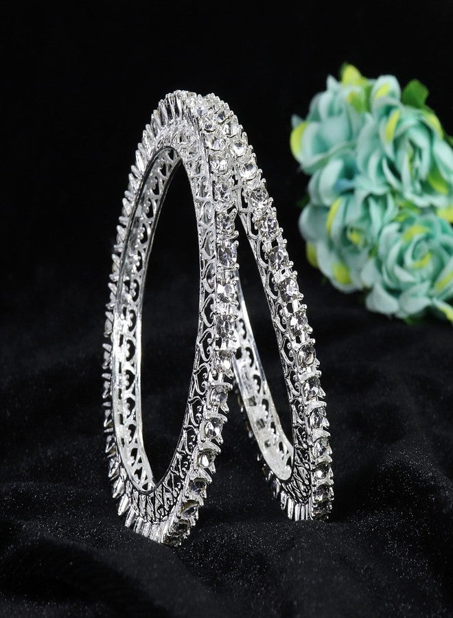NMII Designer Metal Zircon Diamond Stone Bangles Kada Set For Girls & Women | White Bangles | White Kada | Stone Kangan | Rajasthani Chudi | Pacheli Style | Bridal -(MAH98-Silver-2.2) - Image 3
