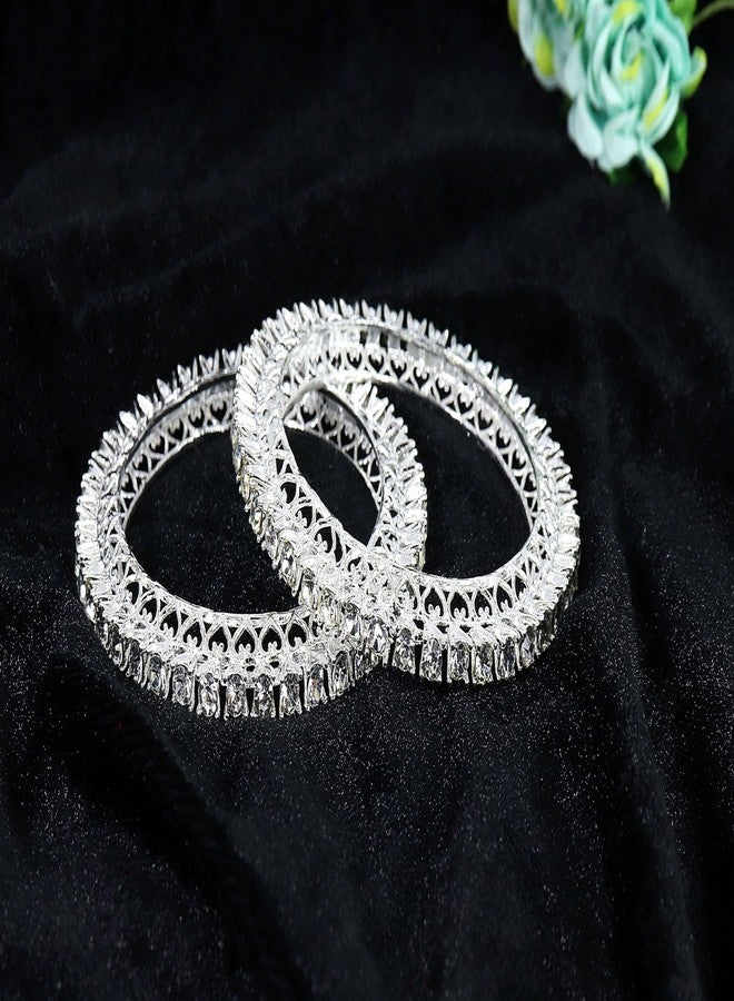NMII Designer Metal Zircon Diamond Stone Bangles Kada Set For Girls & Women | White Bangles | White Kada | Stone Kangan | Rajasthani Chudi | Pacheli Style | Bridal -(MAH98-Silver-2.2) - Image 4