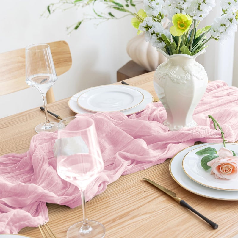 aseem 6pcs Cheesecloth Table Runner 120 Inches Blushing Pink Boho Gauze Cheese Cloth Runner 10FT Rustic Sheer Table Runners for Summer Wedding Baby Shower Holiday Party Decoration - Image 5