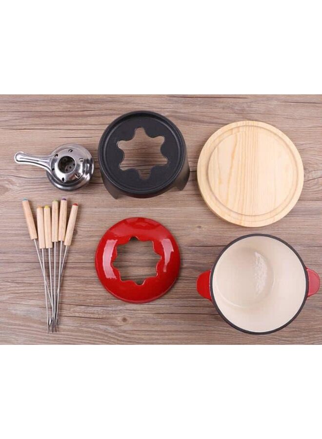 طقم فوندو مع 6 شوكة وعاء ساخن للتخييم في الهواء الطلق مناسب للجبن والشوكولاتة وفوندو اللحوم، حديد زهر/أحمر - Image 2