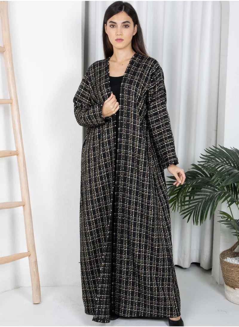 MSquare Fashion Black Winter Tweed Abaya with Multicolor Thread Details with Headscarf