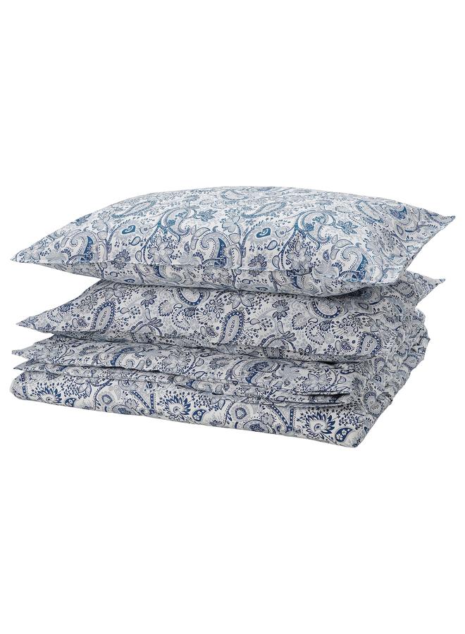 Zaboon Duvet cover and 2 pillowcases, blue/white, 240x220/50x80 cm - Image 1