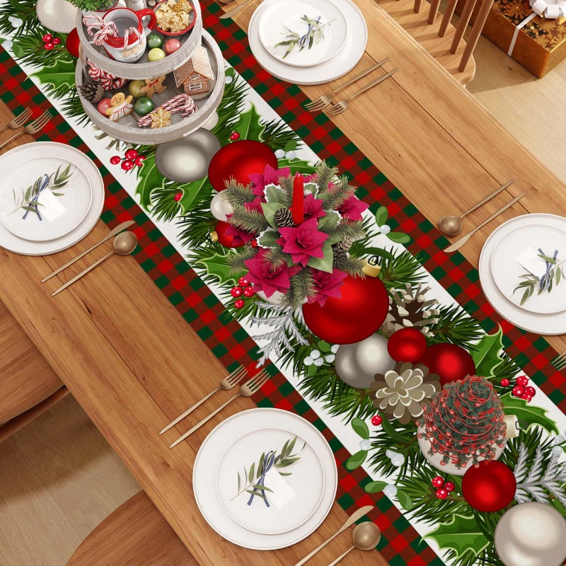 Jiudungs Linen Red and Green Buffalo Check Plaid Christmas Table Runner 108 Inches Long Farmhouse Winter Christmas Xmas Holiday Home Kitchen Table Decorations - Image 3