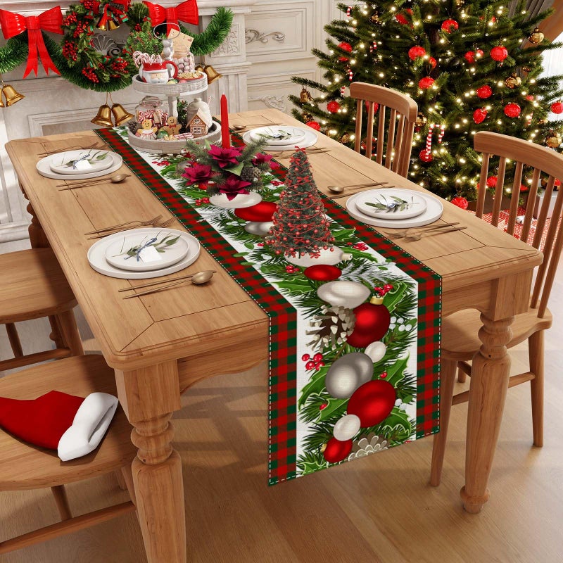 Jiudungs Linen Red and Green Buffalo Check Plaid Christmas Table Runner 108 Inches Long Farmhouse Winter Christmas Xmas Holiday Home Kitchen Table Decorations - Image 2