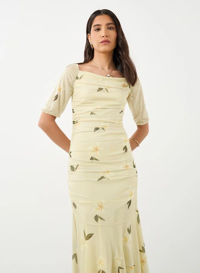 Take Two Take Two Floral Print Short Sleeves Gathered Detail Maxi Dress